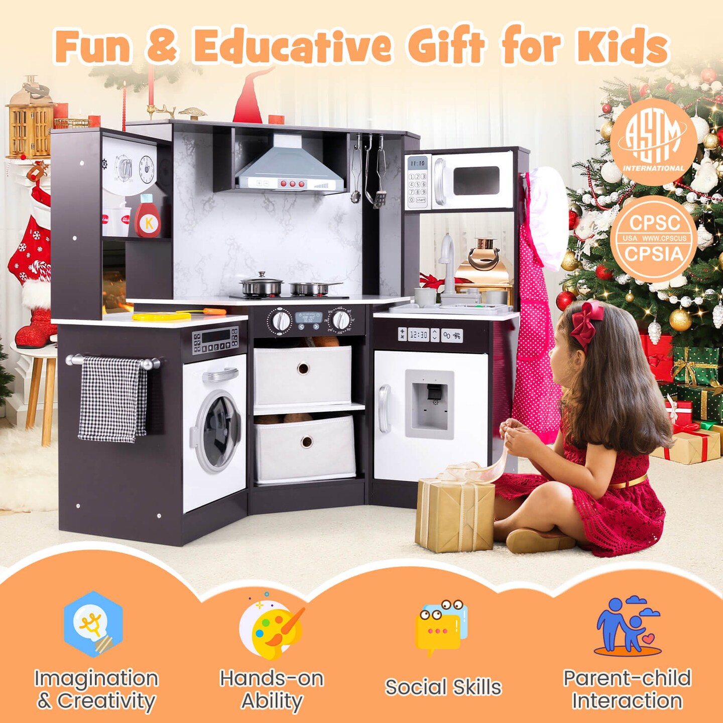 Costway Wooden Kids Play Corner Kitchen with Realistic Lights &#x26; Sounds Lighted Range Hood Brown/Grey