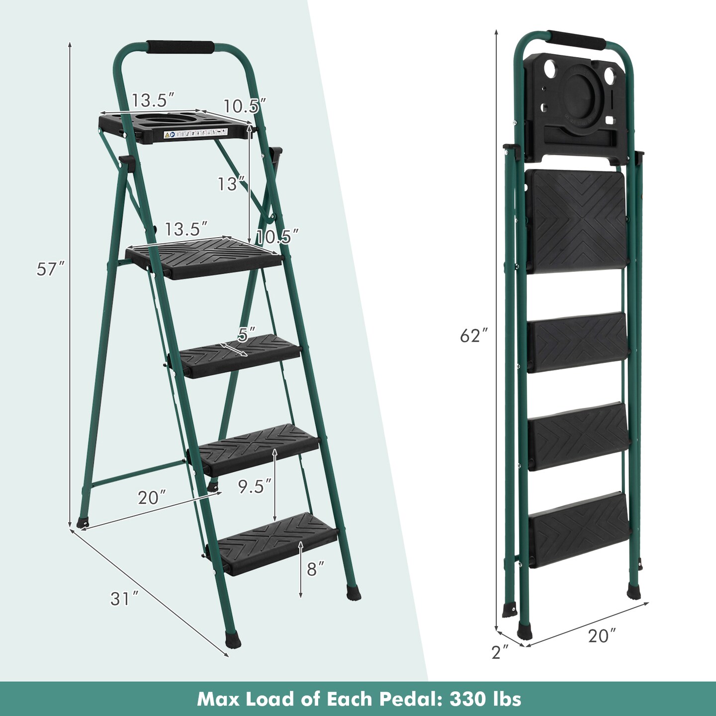 Metal Foldable 4-Step Ladder with Tool Tray Non-Slip Footpads and Wide Pedals