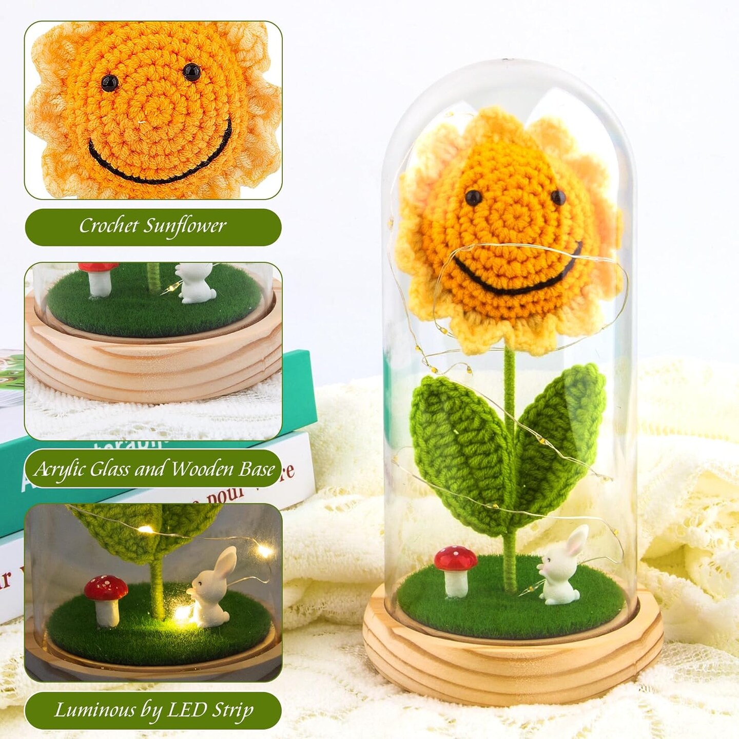 Sunflower Gifts for Women Birthday, Crochet Sunflowers in Dome with LED Strip for Her, Sun Flowers Gifts for Wife Girlfriend Mom on Birthday Mother&#x27;s Day
