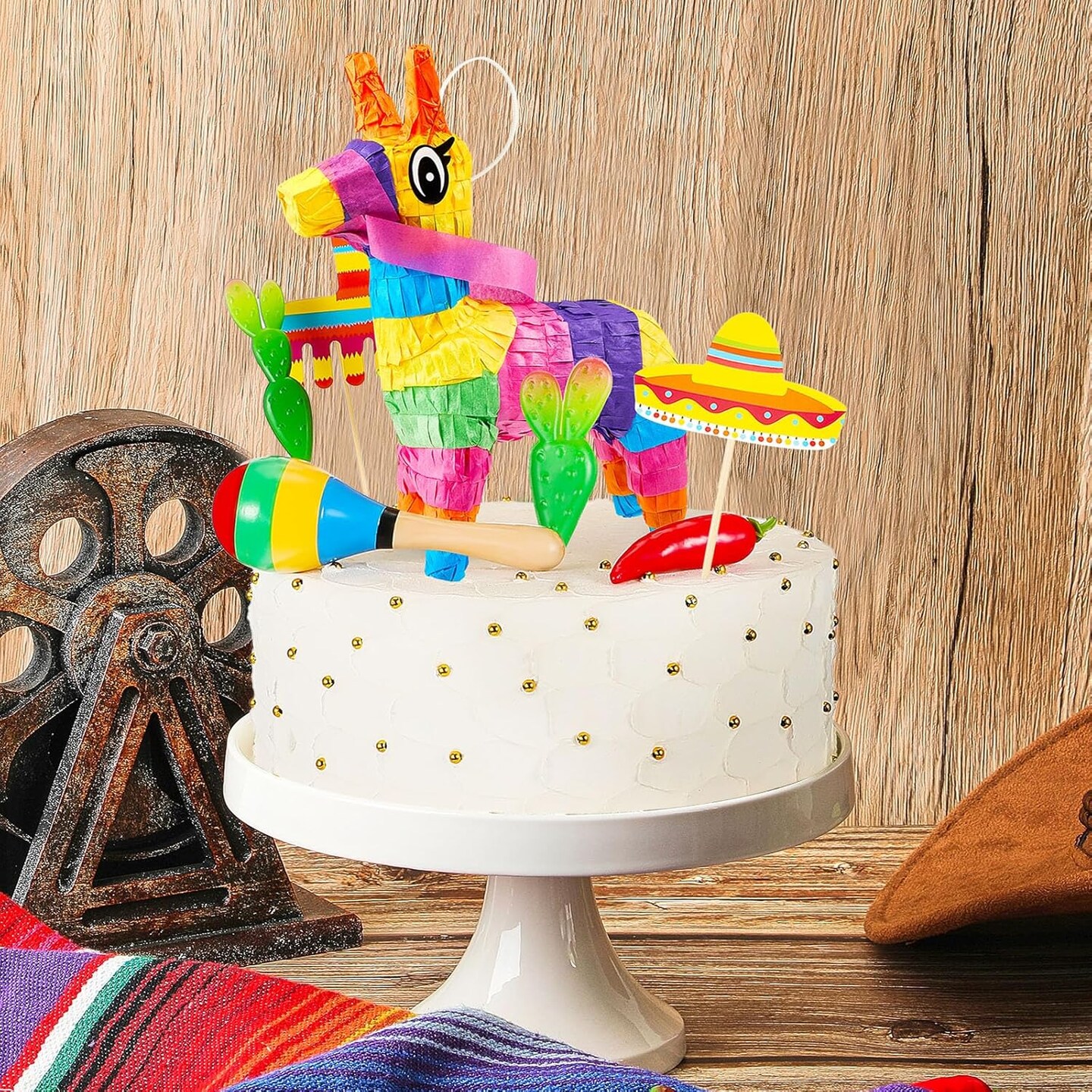 15 Pcs Fiesta Cupcake Topper Mexican Theme Cake Decoration Cactus Pi&#xF1;ata Taco Party Decorations with Wooden Sand Hammer and Foam Chili Decorations for Mexican Fiesta Party Baby Shower(Cute Style)