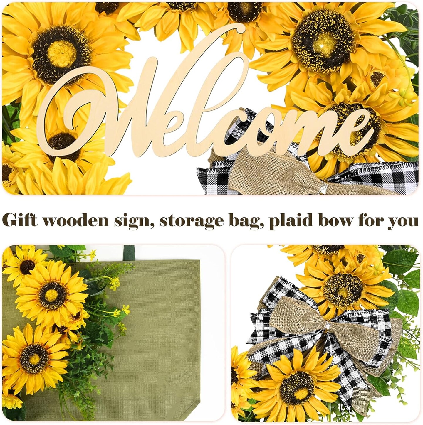 Summer Sunflower Wreath for Front Door &#x2013; 20&#x22; Farmhouse Wreath with Welcome Sign &#x26; Bow, Bright Seasonal Decor for Porch, Patio, or Window
