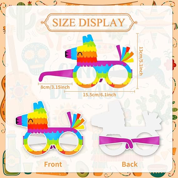 24 Pieces Mexican Fiesta Paper Party Glasses, 12 Designs with 2 Each - Fun Taco, Sombrero, Pi&#xF1;ata, Cactus, and Maraca Eyeglasses for Cinco de Mayo, Mexican Birthday Party Favors, and Photo Booth Props