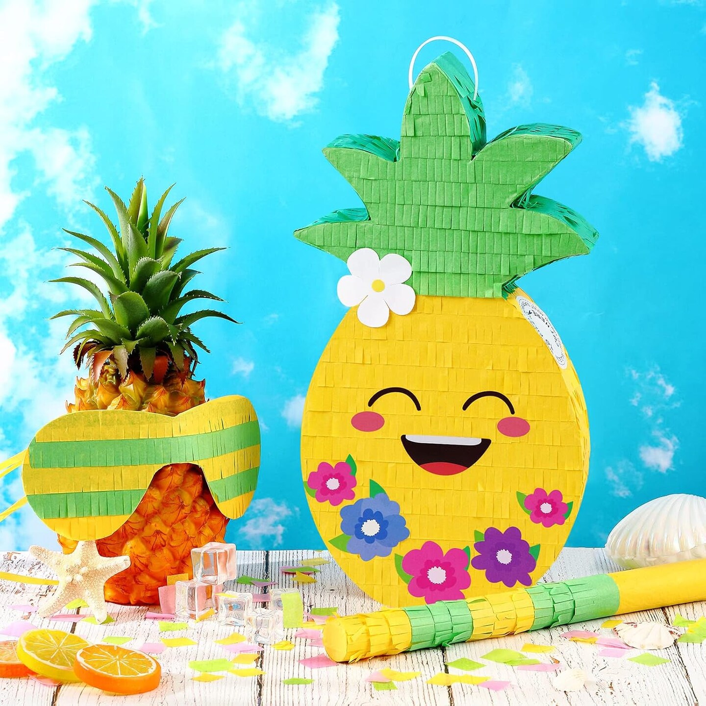 Small Pineapple Pinata for Hawaiian Luau Party Decorations Fruit Pinatas with Wooden Stake Paper Blindfold Colorful Confetti