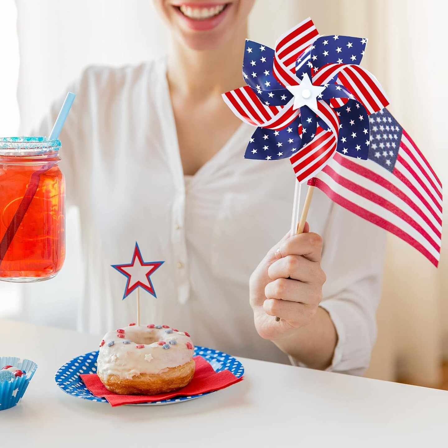 12 Pack 8 Inches American Flag Patriotic Pinwheels Windmill Wind Spinner