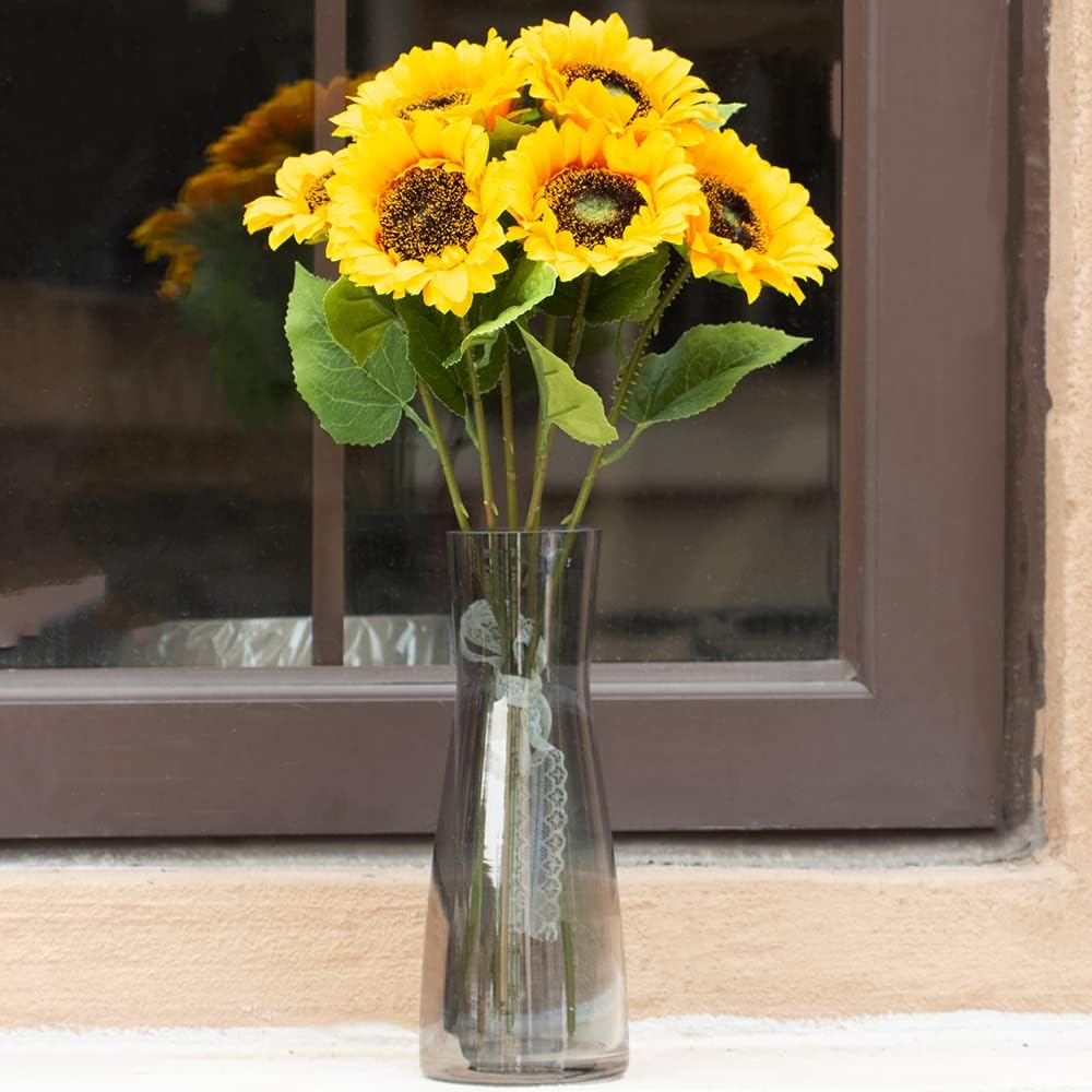 Summer Floral Arrangement - 6PCS Artificial Sunflowers with Stems, Realistic Silk Yellow Flowers for Wedding, Table Centerpieces, and Indoor/Outdoor Decoration