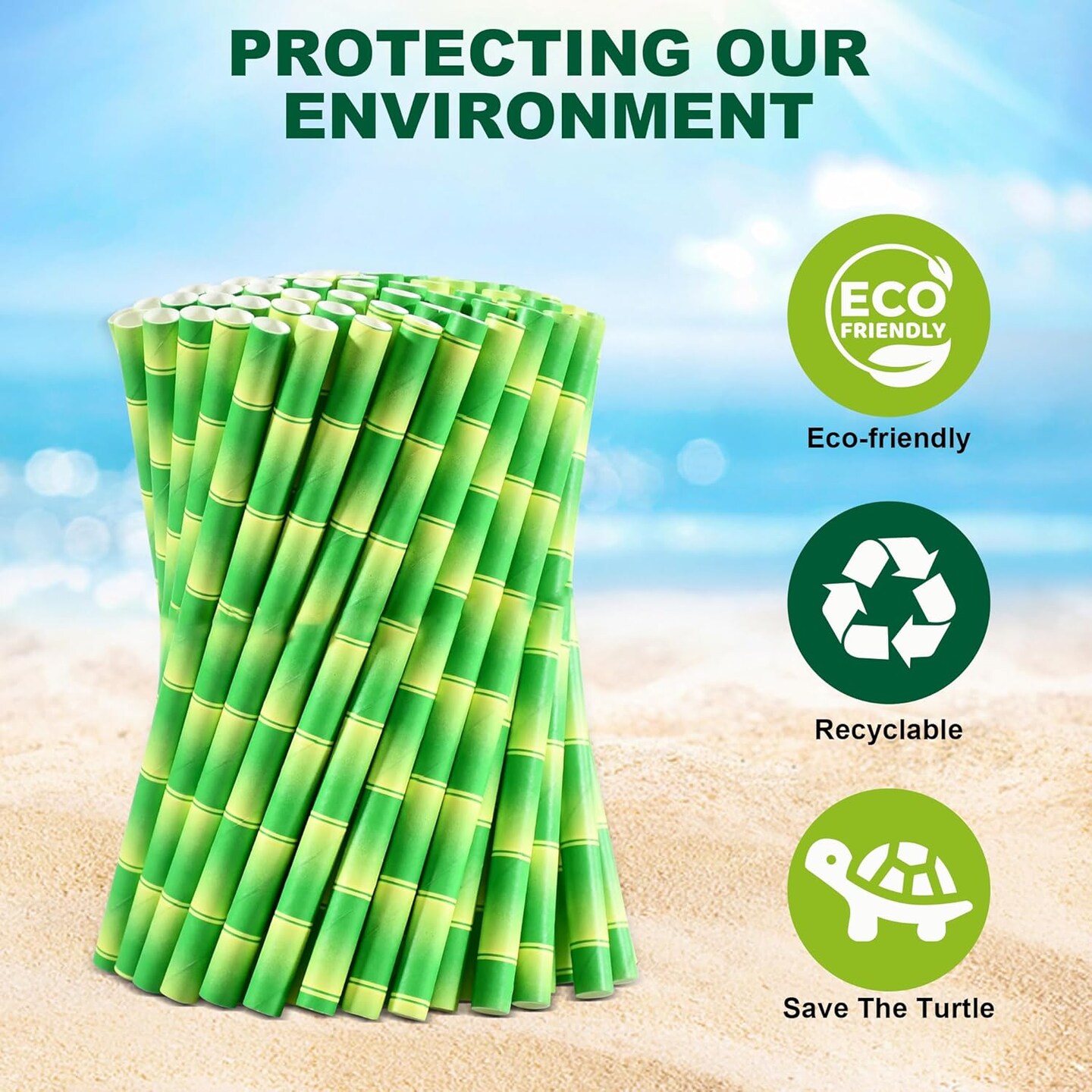 5.75" x 0.31" Green Bamboo Disposable Paper Drinking Straws for Short Drinks, Blended Cocktails, Margaritas, Smoothies, Milkshakes - Unwrapped