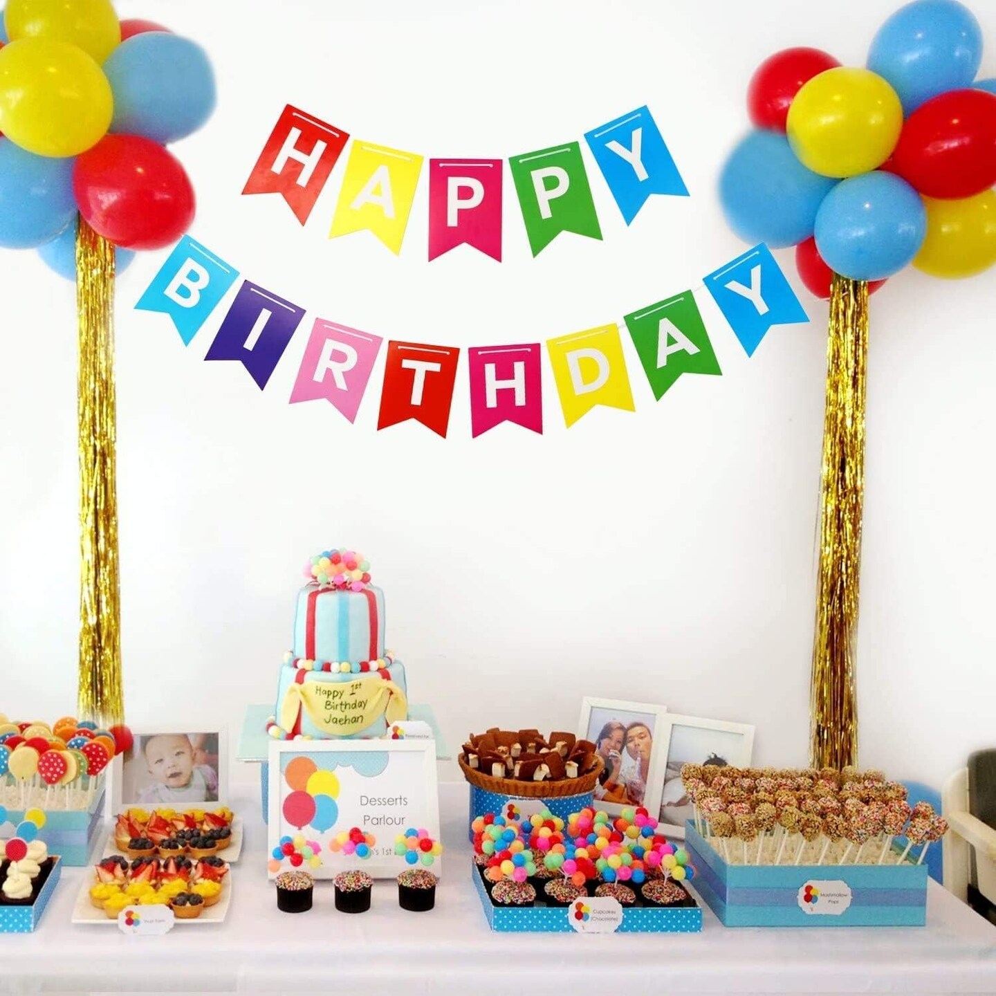 Happy Birthday Banner with Cake Topper, Rainbow Birthday Banner, Colorful Circle Paper Garland with Colorful Triangle Flags for Birthday Party Supplies