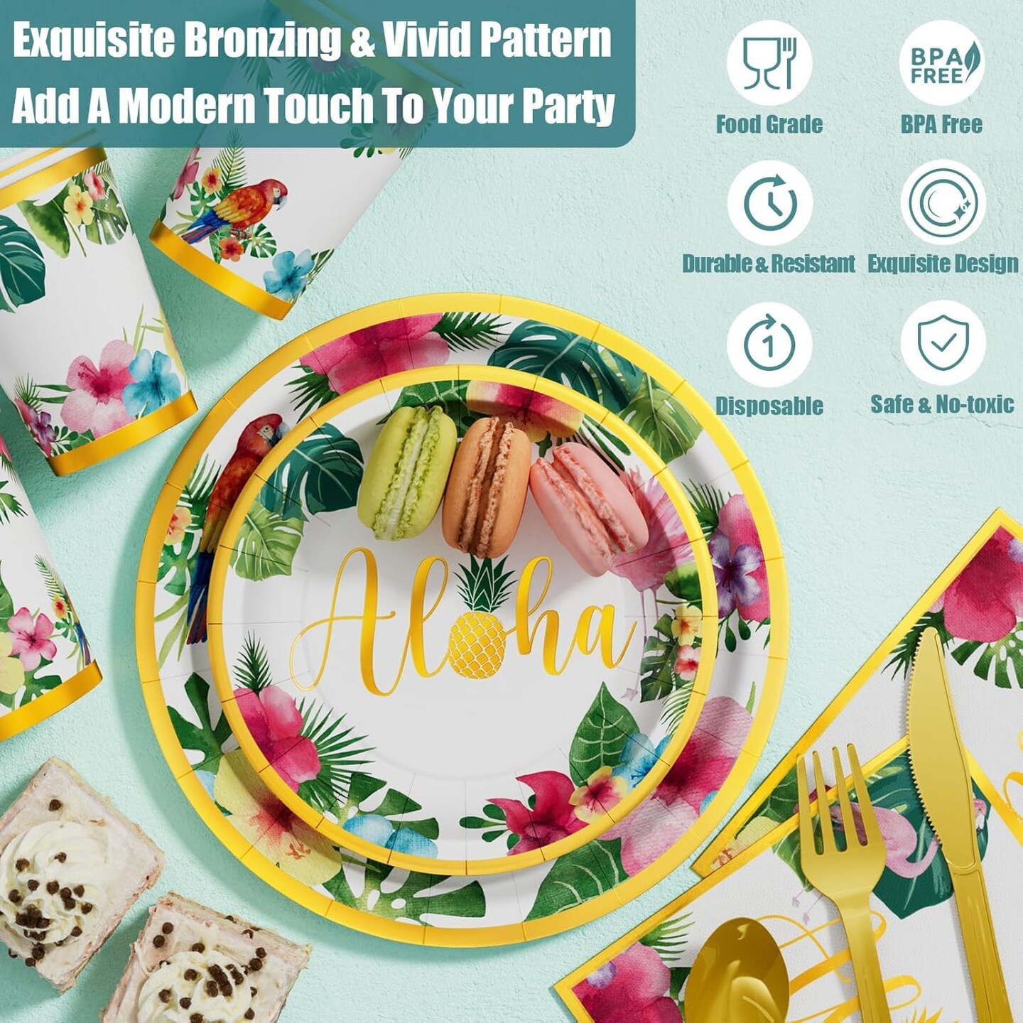 Hawaiian Tropical Luau Party Decorations Supplies - 175 PCS Aloha Birthday Disposable Dinnerware Set