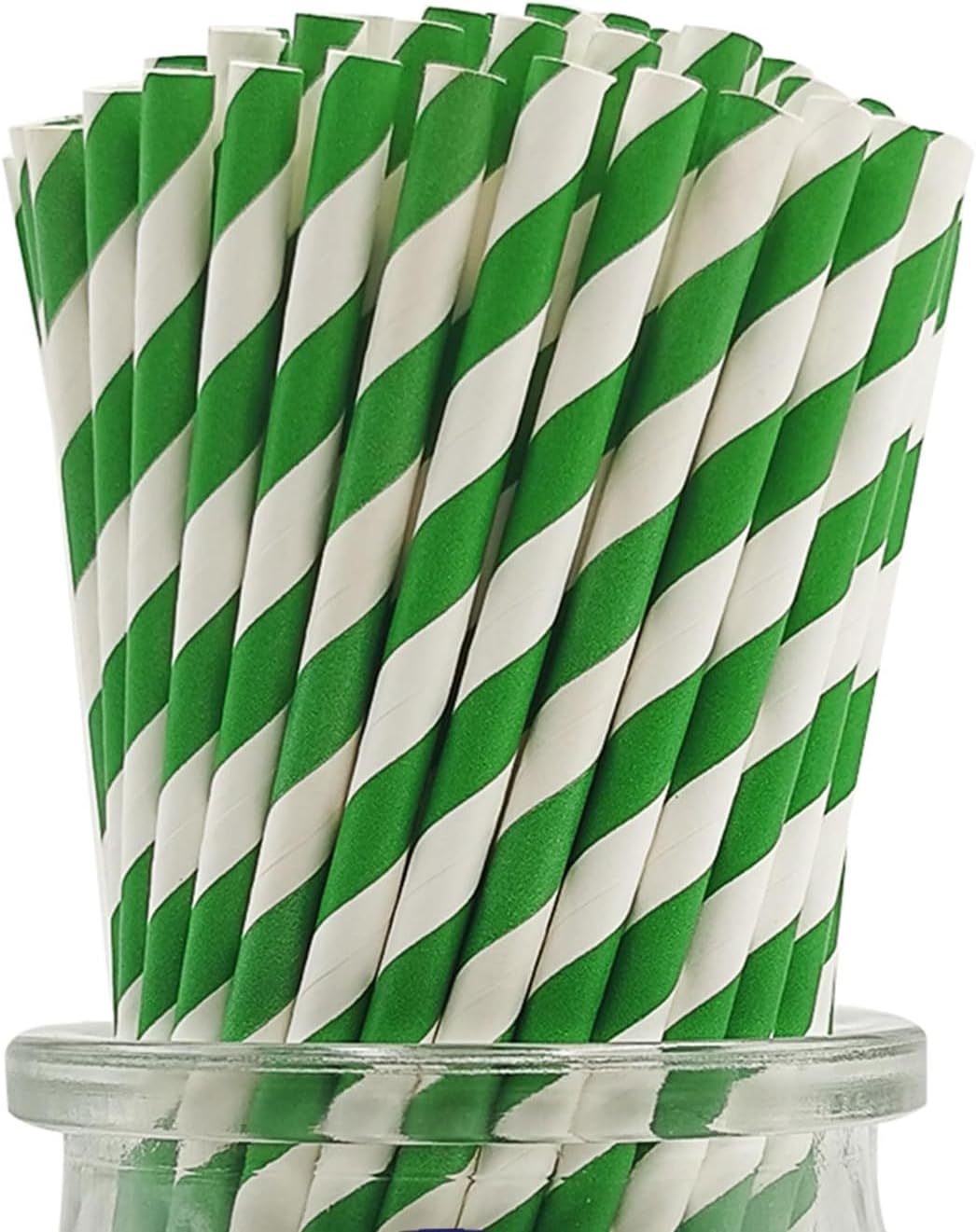 Forest Green Striped Paper Straws, Premium [100 Pack] Disposable Green And White Striped Paper Drinking Straws for Christmas Spring Party Supply