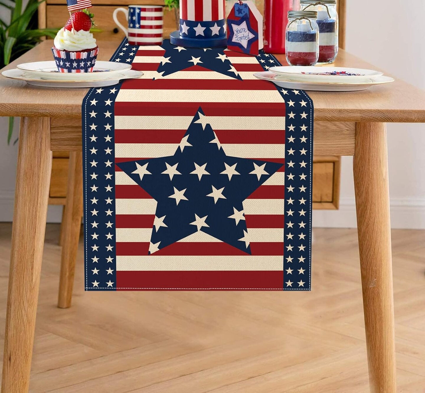 4th of July Table Runner 13 x 72 Inches, Patriotic Memorial Independence Day Decoration Linen Table Runners for Farmhouse Kitchen Dining (13&#x201D; x 72&#x201D;, Blue/Star)