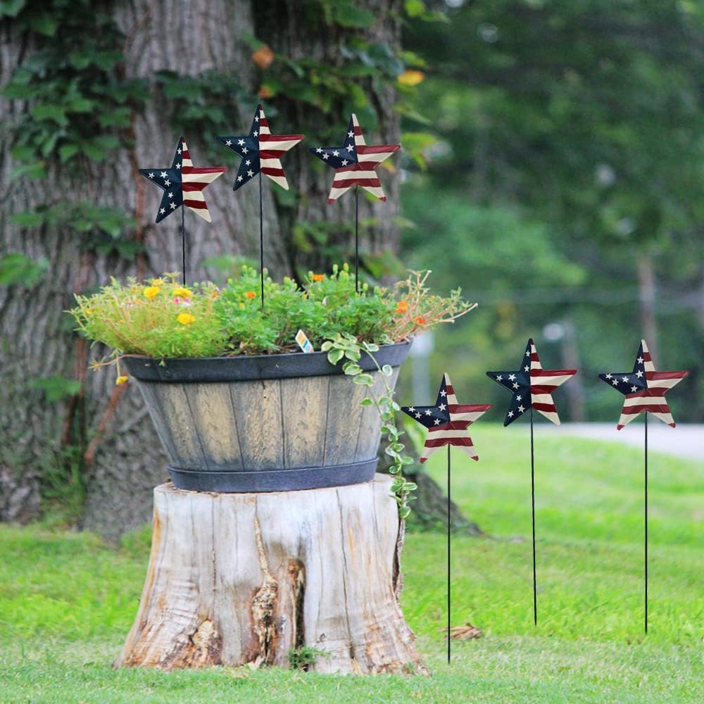 H Metal American Star Barn Yard Sign, Patriotic Metal US Flag Star Barn Garden Stake for Planter Pot Walkway Pathway 4th of July Decor
