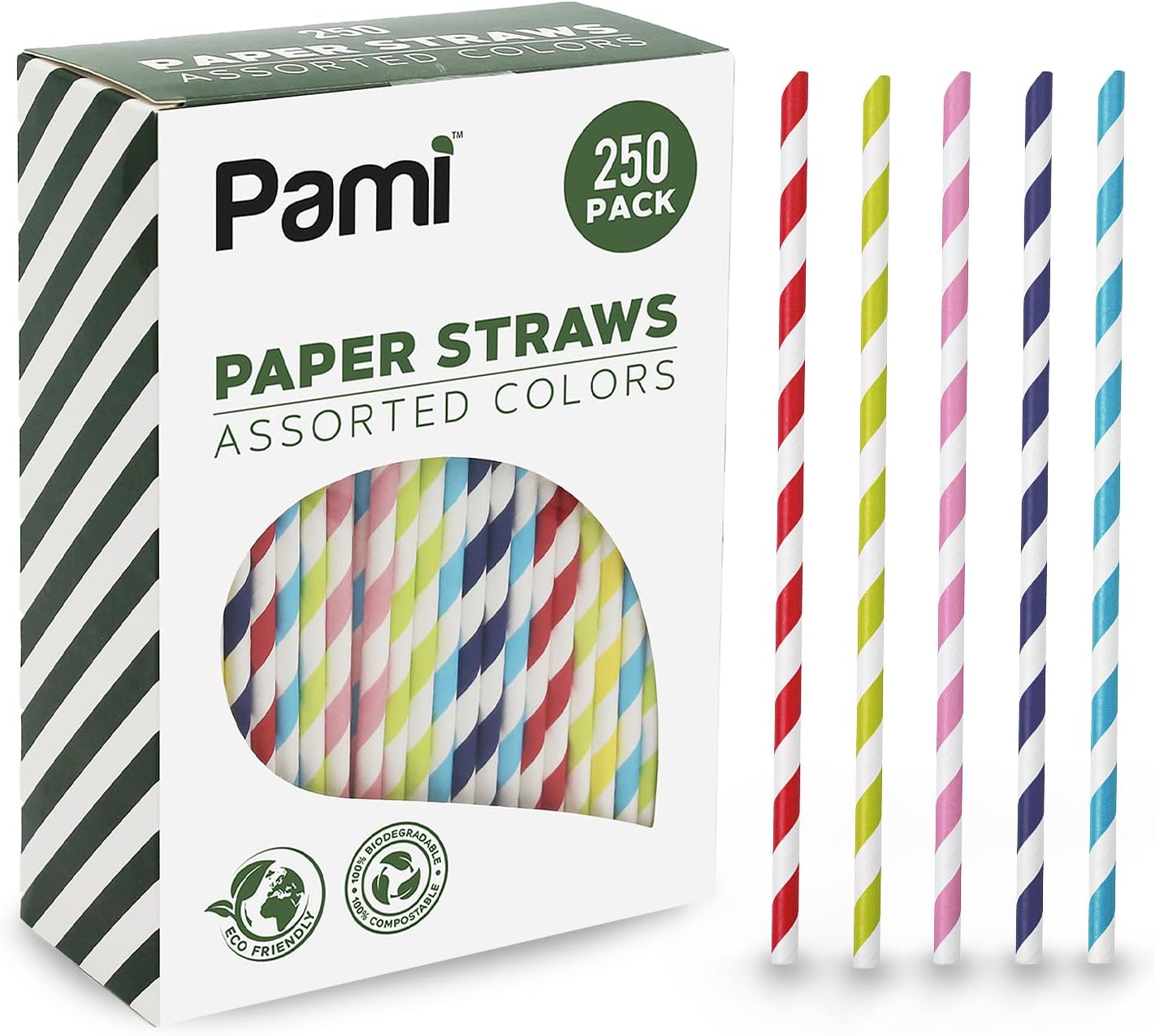 250-Pack Fun Assorted Color Compostable Biodegradable Disposable Paper Straws for Coffee, Juice, Cocktails