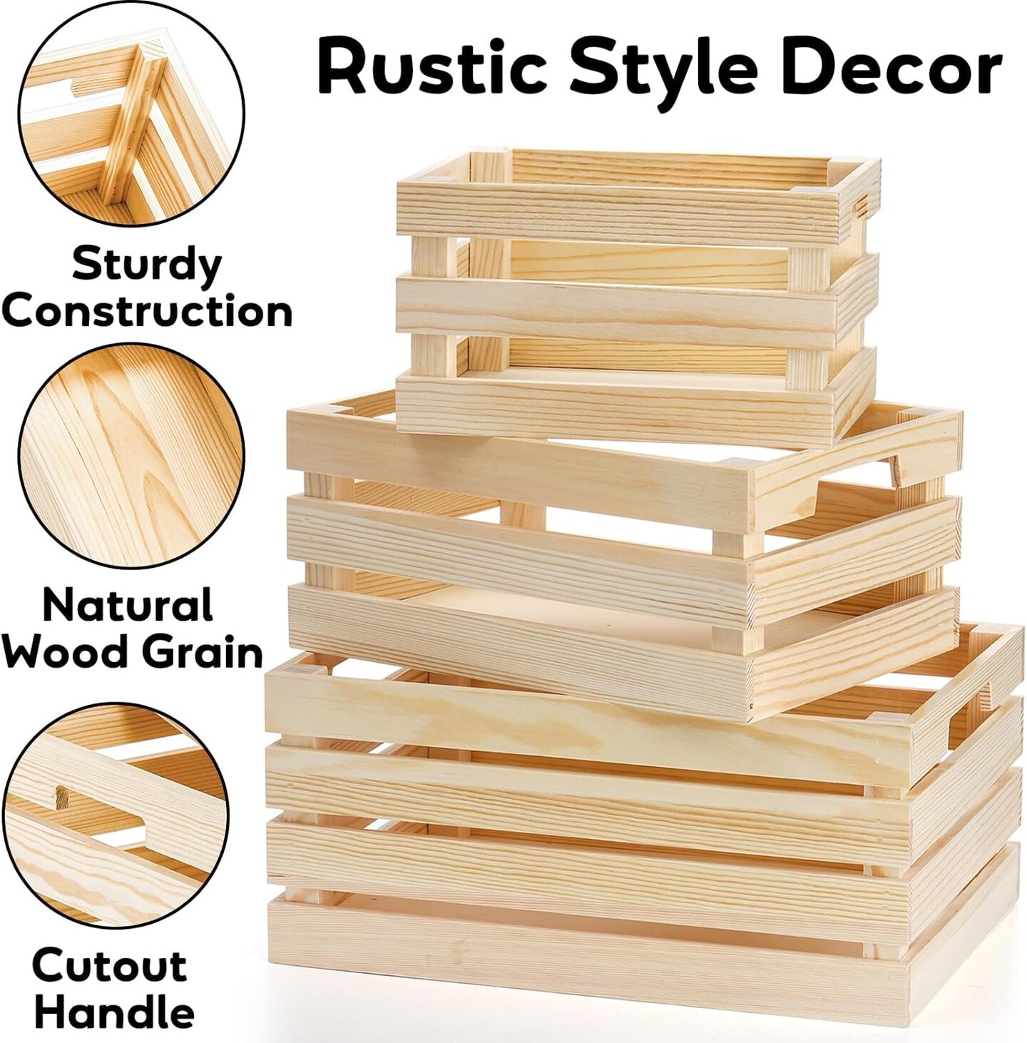 Set of 3 Rustic Wooden Nesting Crates with Handles