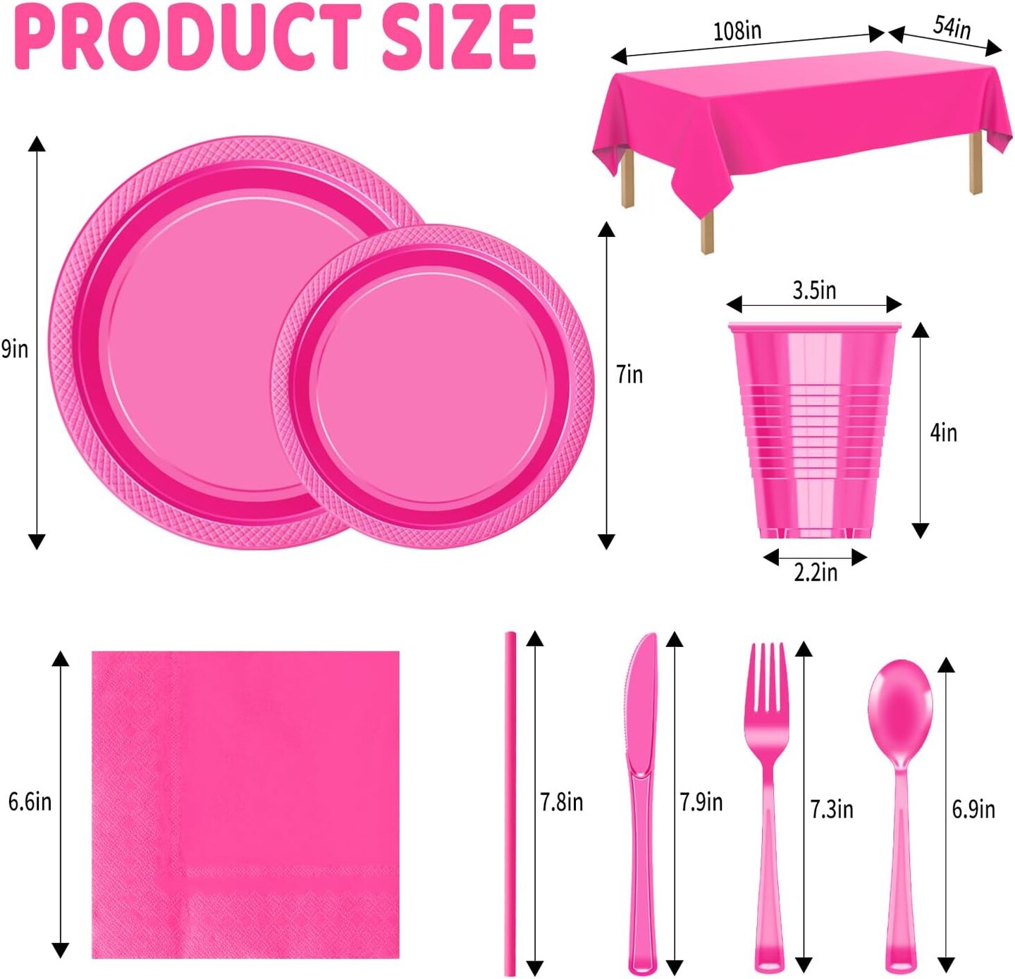 242 Pcs Plastic Dinnerware Set Includes 30 Of Each 9&#x22; Dinner Plates |7&#x22; Dessert Plates|12 oz Plastic Cups | Napkins|Straws|Spoons, Forks &#x26; Knives (Hot Pink, 242PCS&#xFF08;30 Guests&#xFF09;)
