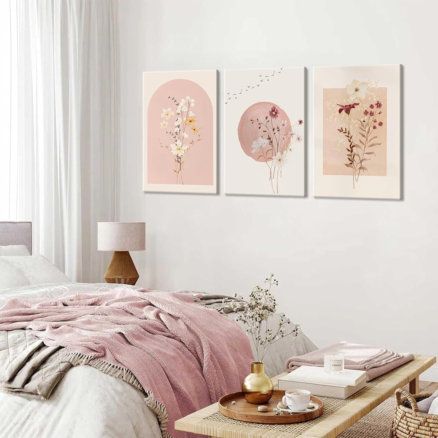 Summer 3 Pcs Watercolor Flower Canvas Wall Decor, Wildflower Floral Pictures, Neutral Minimalist Botanical Posters Prints for Living Room, Bedroom, Home Decoration, 12x16in