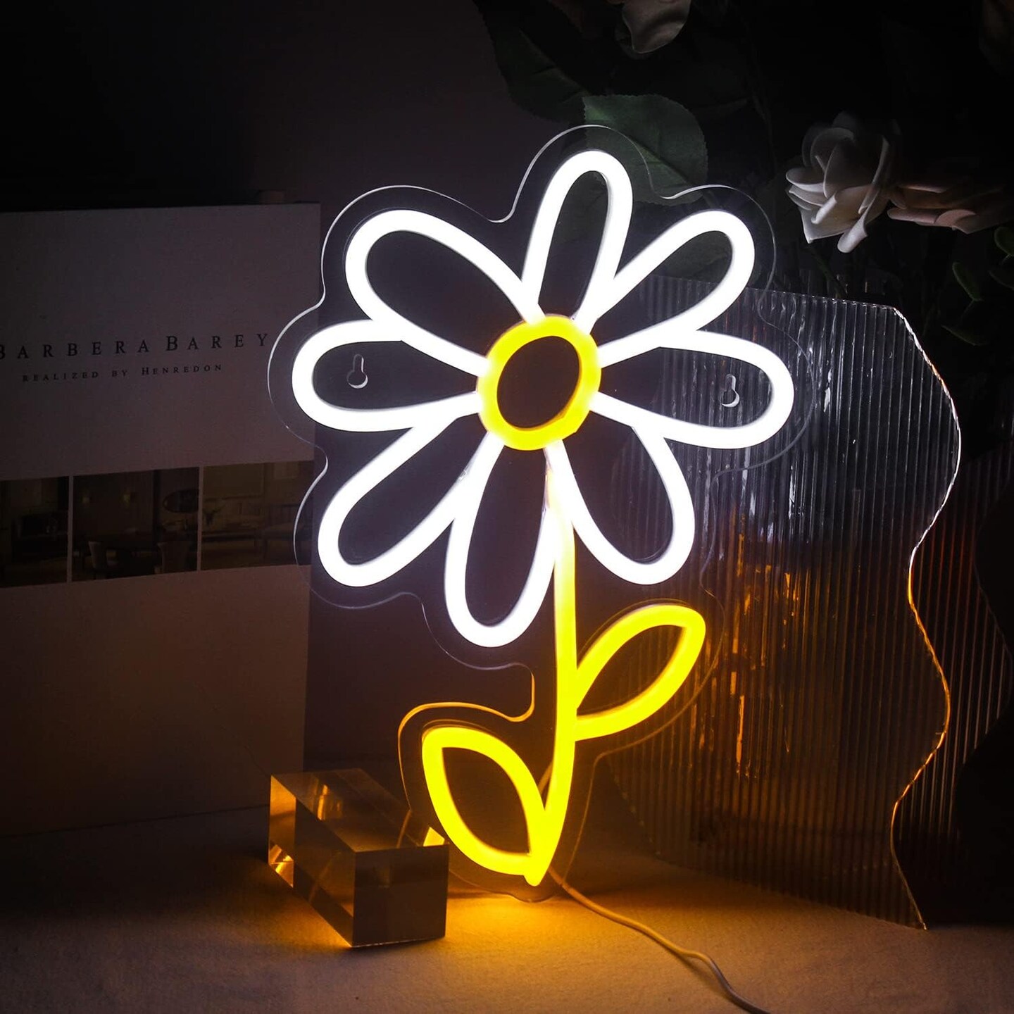 Summer Daisy Flower Neon Sign &#x2013; White &#x26; Gold LED Light for Bedroom &#x26; Party Decor (USB Powered)