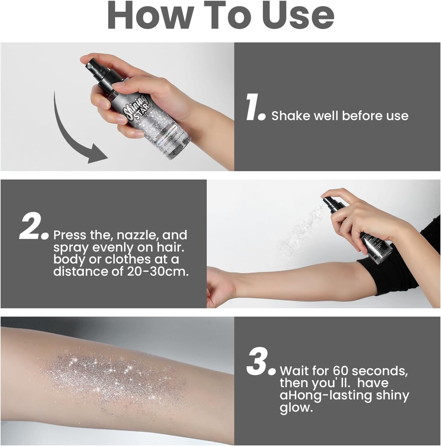 Glitter Spray for Hair and Body,Silver Body Glitter Spray,Quick-Drying and Waterproof Glitter Hairspray,Nozzles are not Easily clogged&#xFF0C;Long-Lasting Body Shiny Spray for Stage Makeup, 3.38Oz