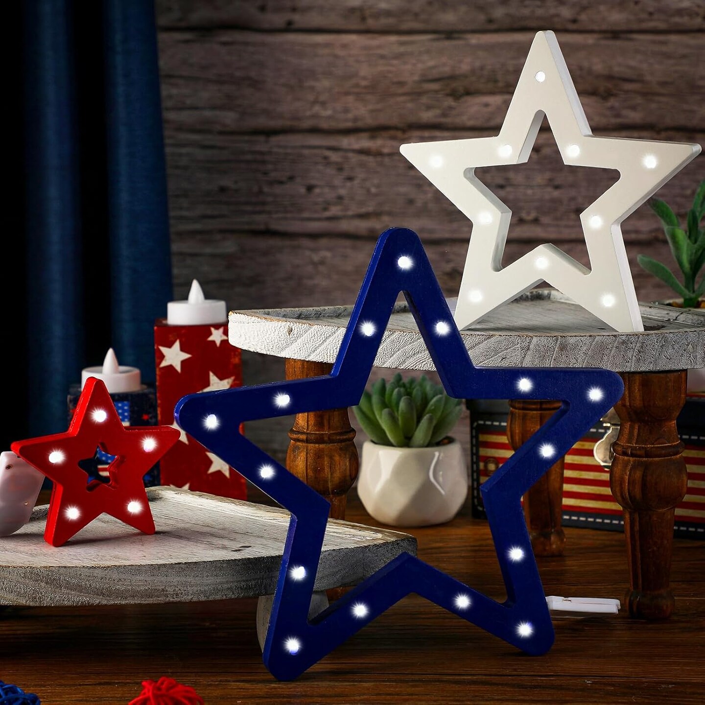 3 Pieces 4th of July Star Tabletop Decorations Patriotic Star Light up Wooden Sign Independence Day Tabletop Centerpiece Red White Blue Wood Decor for Memorial Day Tiered Tray Table Home Decor