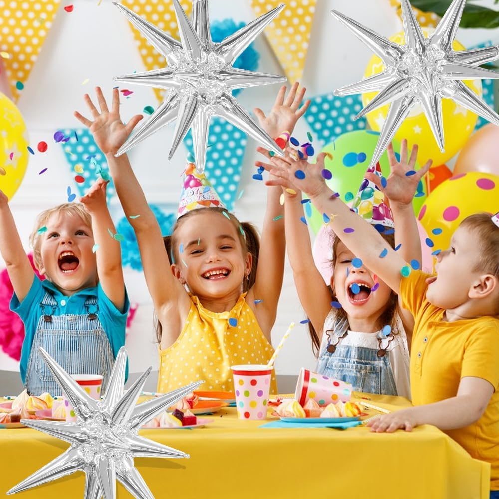 Silver Star Balloons 6pcs Foil Mylar Balloons 22 Inch Large Cone Spike Explosion Star Balloon Party Decorations for Christmas Birthday Bachelorette Disco Party