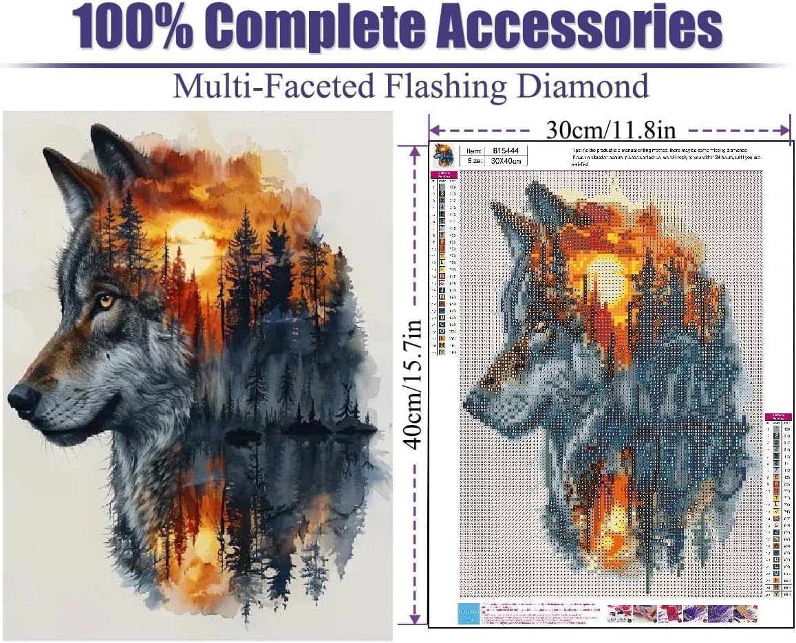 5D Wolf Diamond Painting Kits for Adults Beginners, Wolf Head Forest Diamond Art Kit,DIY Full Round Drill Diamond Dot Gem Art Kits for Adults,Home Wall Decor 12x16 Inch