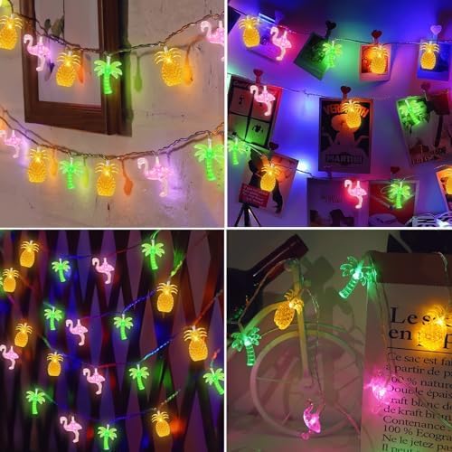 30 LED Tropical Summer String Lights &#x2013; 16Ft Flamingo, Pineapple &#x26; Palm Tree Fairy Lights with 8 Modes &#x26; Timer &#x2013; Battery Operated Beach, Pool &#x26; Luau Party Decor