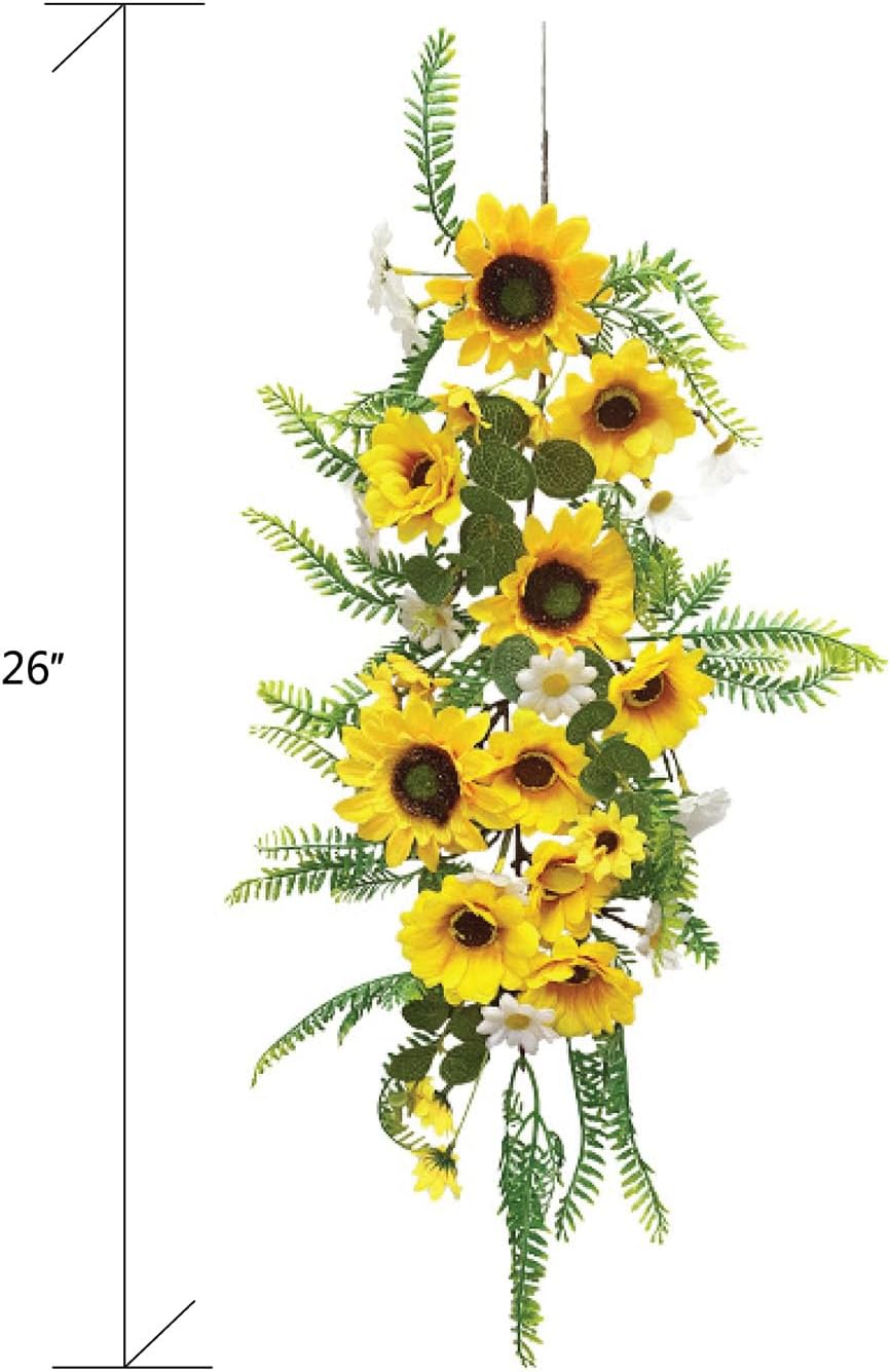 Summer 2PCS Artificial Sunflower Garland &#x2013; Silk Sunflower Vine with Green Leaves and White Flowers for Home, Kitchen, Garden, and Wedding Arch Decor