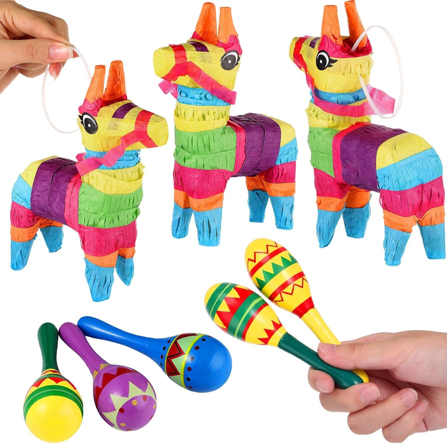 36 Pcs Mexican Fiesta Decor Include 12 Wooden Maracas Bulk 6 Mini Donkey Pi&#xF1;atas Mexican Theme Decorations for Maracas Party Favors Adults Cinco De Mayo Party Props