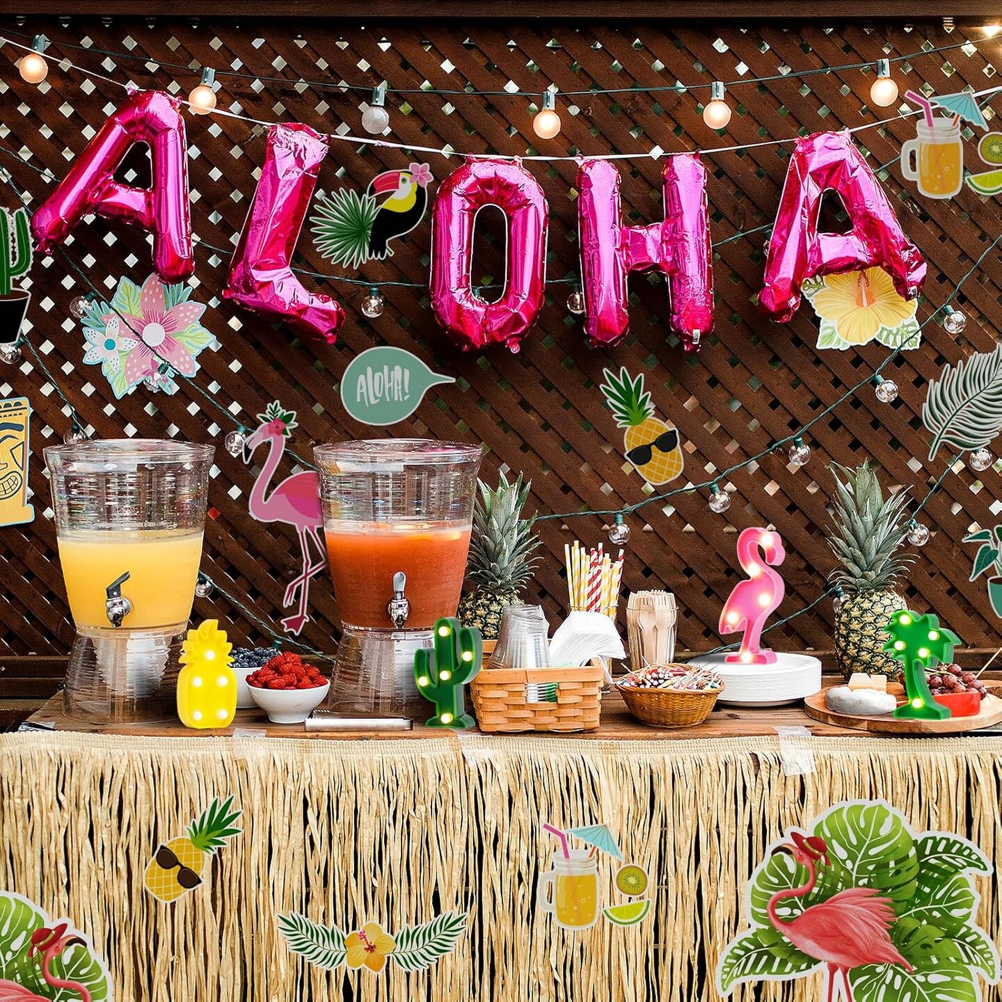 Summer Hawaiian Party Decorations Lights - 4 Shapes Flamingo, Cacti, Pineapple, Palm Tree Mini LED Sign Lamps for Summer Beach Tropical Party Decor Supplies