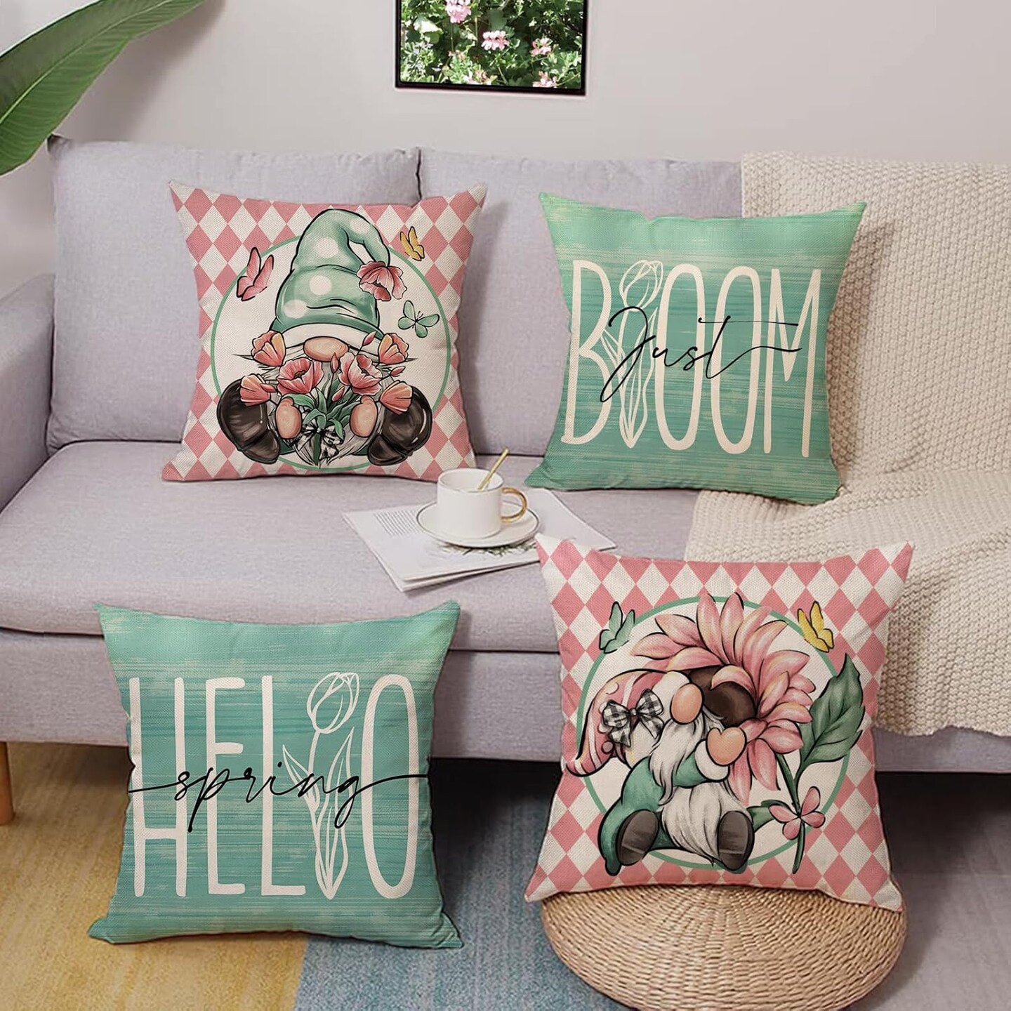 Hello Spring Gnome Sunflower Decorative Throw Pillow Covers 18 x 18 Set of 4, Tulip Flower Just Bloom Teal Porch Outdoor Home Decor, Pink Floral Butterfly Seasonal Couch Cushion Case