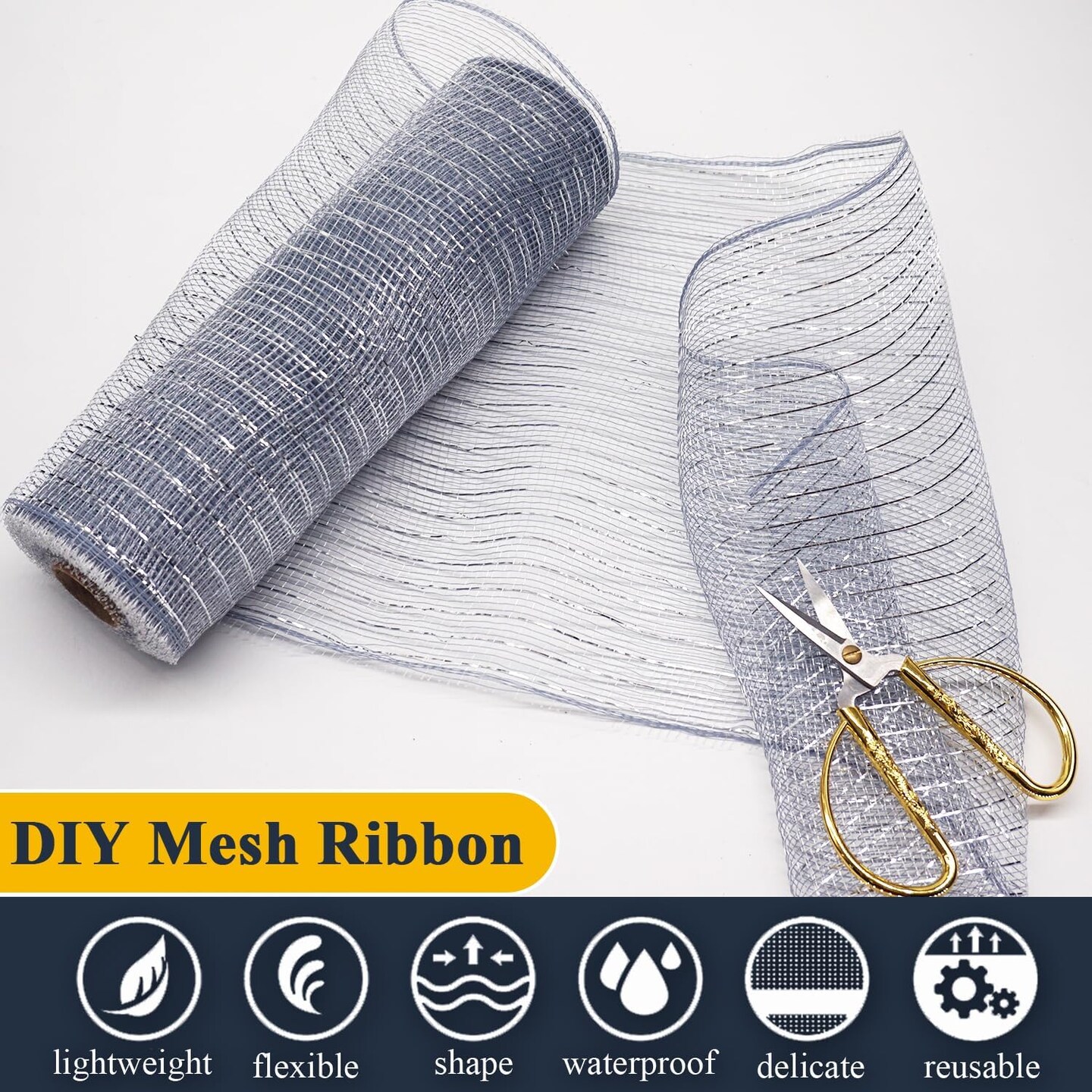 2 Pcs Silver Deco Mesh Ribbon Rolls Decorative Mesh Fabric with Foil