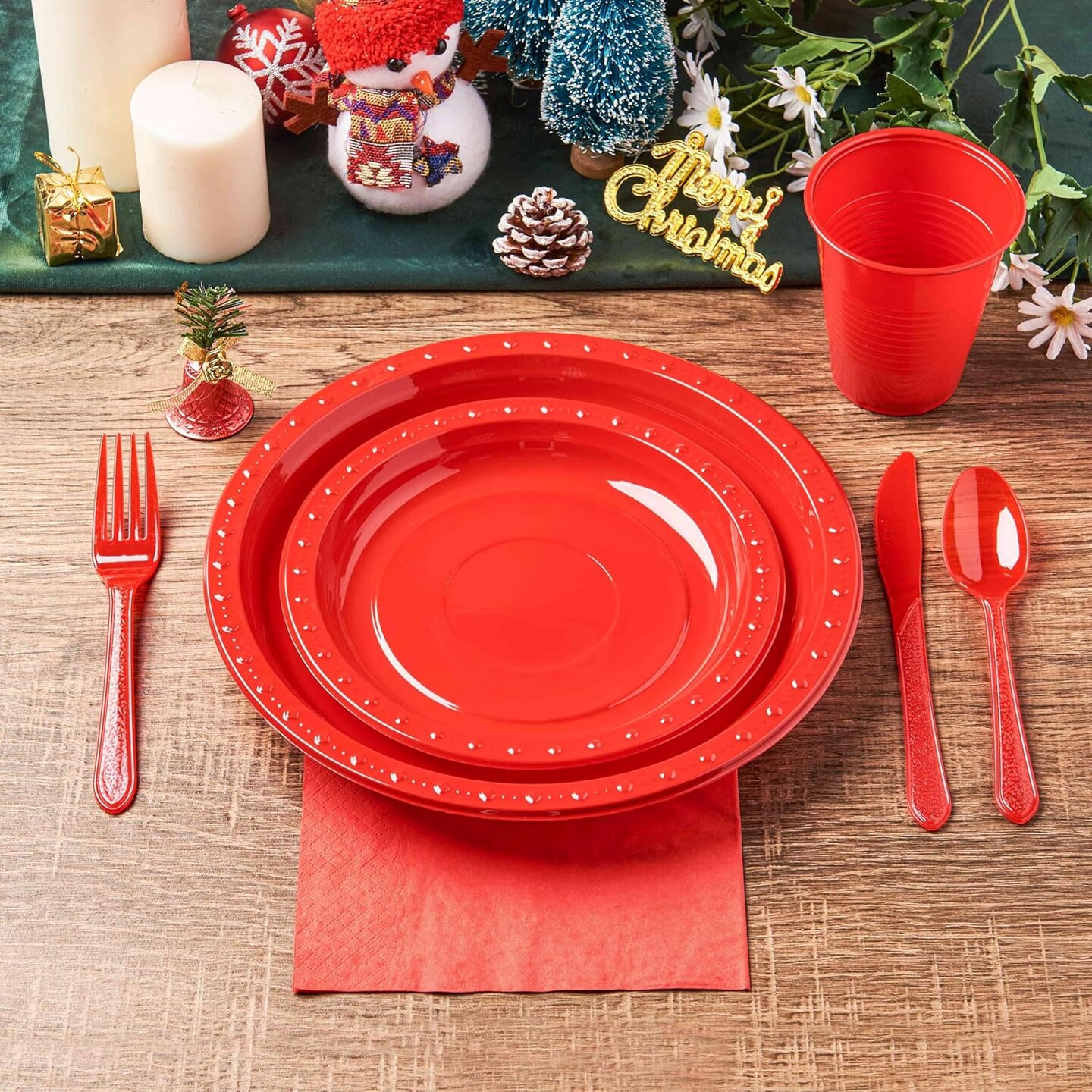 175 PCS Red Plastic Dinnerware Set Includes 50 Plates, 25 Cups, 25 Napkins, 25 Cutlery Spoons Forks &#x26; Knives, Disposable Dinnerware Set, Red Party Supplies Set