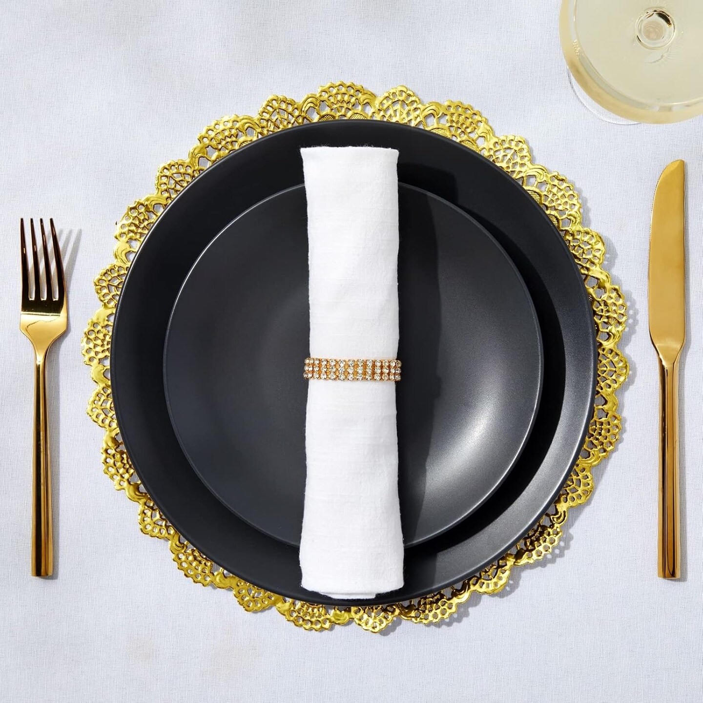60 Pack Round Paper Placemats for Dining Table, Formal Events, Decorative Gold Lace Paper Doilies, Bulk Disposable Charger Plates for Cakes, Desserts, and Baked Goods (12 in)