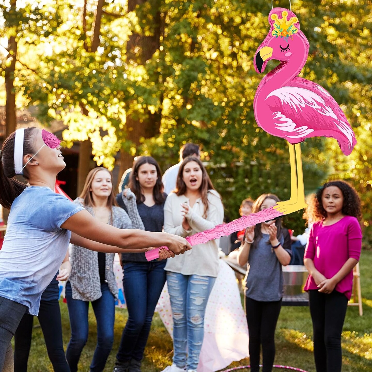 Pink Flamingo Pi&#xF1;ata Tropical Party Supplies Small Hawaiian Flamingo Pi&#xF1;ata with Blindfold Stick