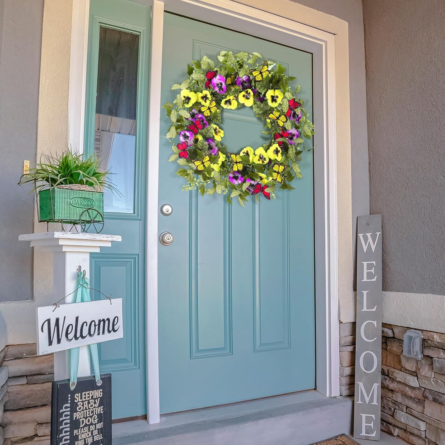 2 Pcs Summer Door Wreaths for Front Door &#x2013; 22&#x27;&#x27; Artificial Yellow and Purple Pansy Wildflower Wreaths for Indoor and Outdoor Home Decor