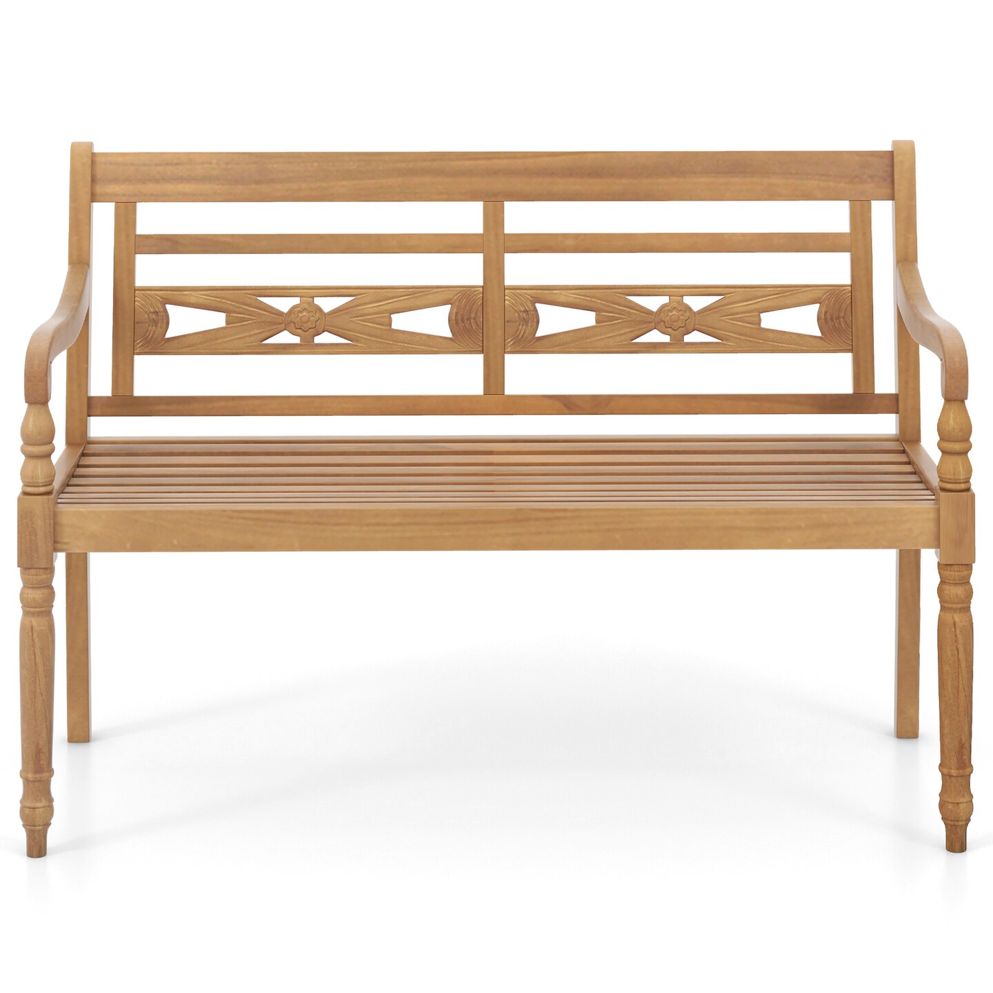 Natural Teak Wood Patio Bench with Wide Backrest and Curved Armrests Ideal for 2 Seats