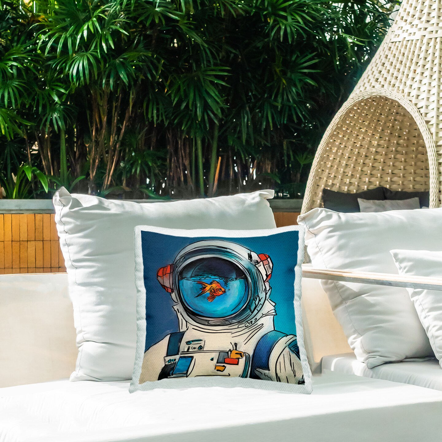 Stupell Industries Goldfish Astronaut Suit Outdoor Printed Pillow design by Kamdon Kreations, 18 x 7 x 18