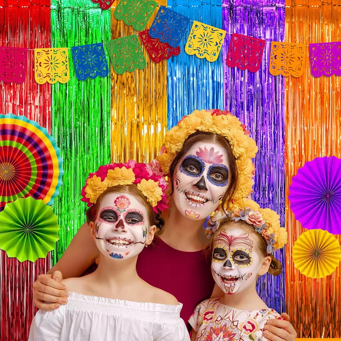 4 Pack Fiesta Party Decorations Foil Fringe Curtains Backdrop 3.3 x 6.6 FT Mexican Theme Party Decorations Tinsel Curtain Spain Taco Photo Streamers for Cinco de Mayo Dia De Los Muertos Decor