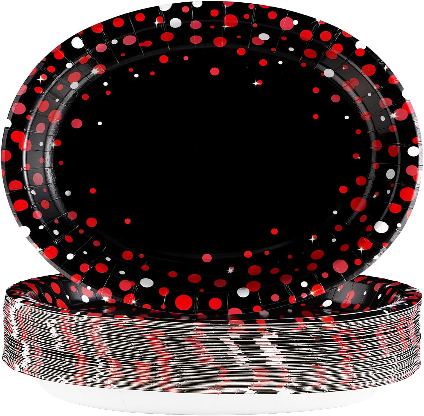 50 Pcs Large Red Dot on Black Party Plates - 10"x12" Disposable, Heavy Duty, 400 GSM, Perfect for Black & Red Birthday Decorations