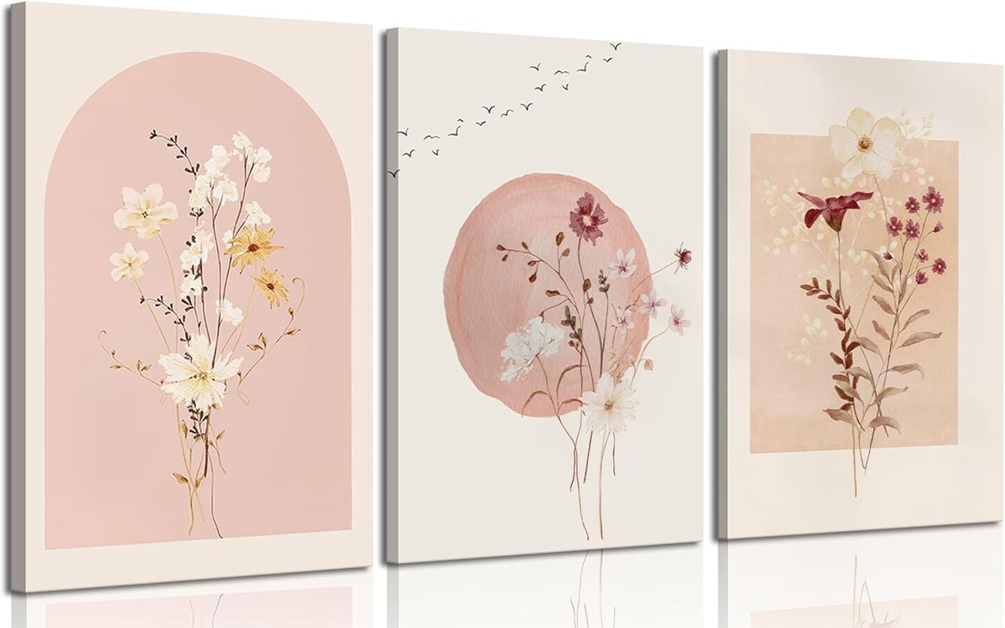 Summer 3 Pcs Watercolor Flower Canvas Wall Decor, Wildflower Floral Pictures, Neutral Minimalist Botanical Posters Prints for Living Room, Bedroom, Home Decoration, 12x16in