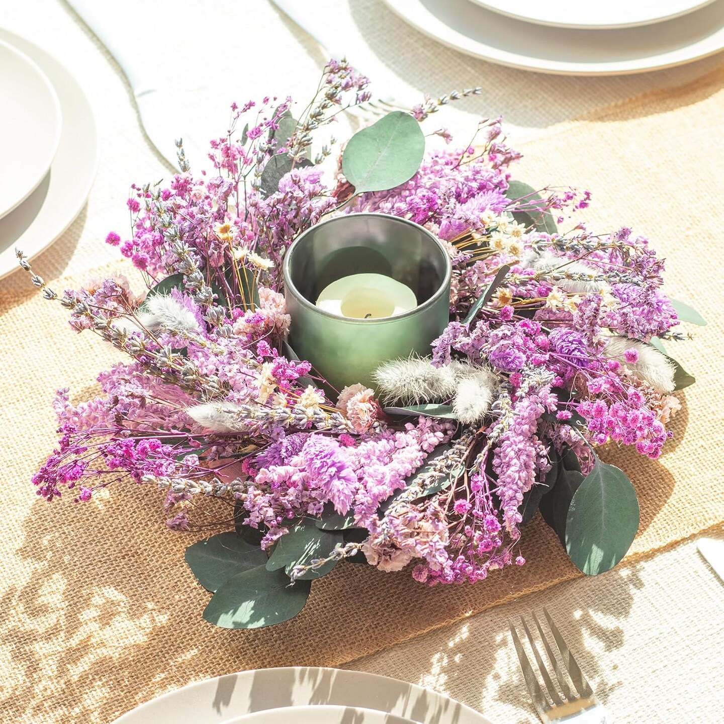 Natural Dried Flowers Wreath 10-Inch Purple Lavender Candle Ring Table Centerpiece Small Spring Lavender Wreath for Cabinate Wall Window Door