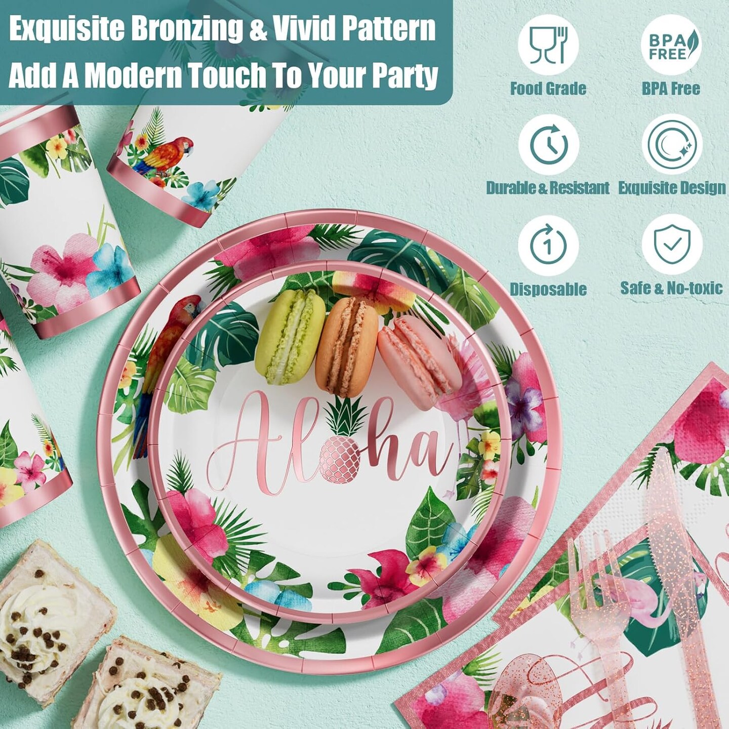 Hawaiian Luau Birthday Party Decorations 329PCS Tropical Aloha Rose Gold Party Supplies for Summer Beach Decor Disposable Dinnerware Set