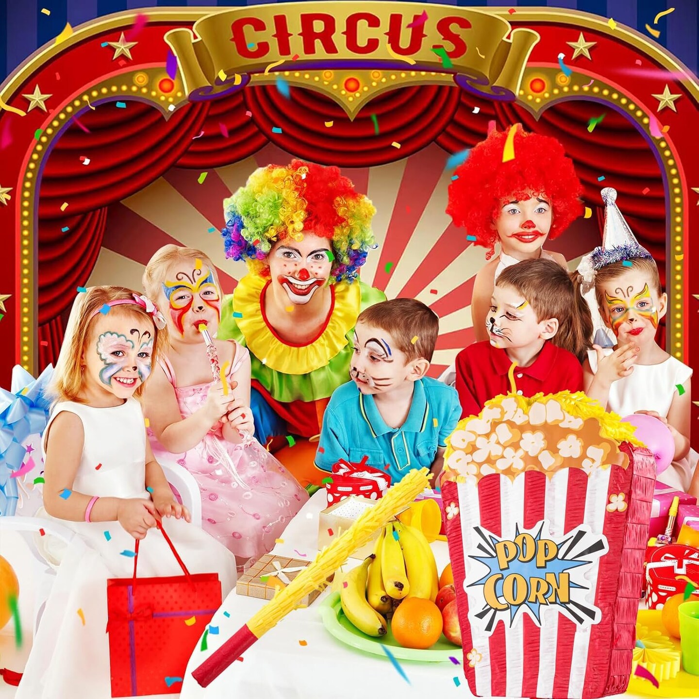 Popcorn Pi&#xF1;ata Large Circus Pi&#xF1;ata for Birthday Carnival Circus Themed Parties Great Party Addition for Boys Grils Holiday Celebration (16.9&#xD7;11.8&#xD7;3.54in)