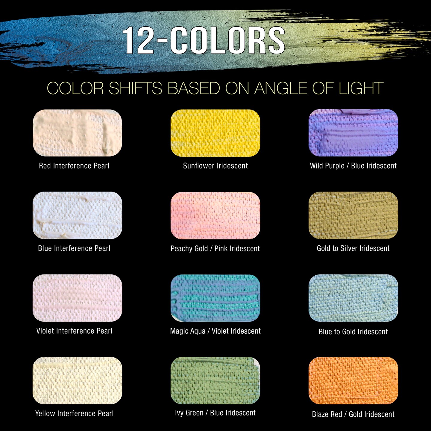 U.S. Art Supply Professional 12 Color Set of Iridescent Acrylic Paint, 75ml Tubes - Luminescent Special Effect Chameleon Color-Shifting Pearl Colors