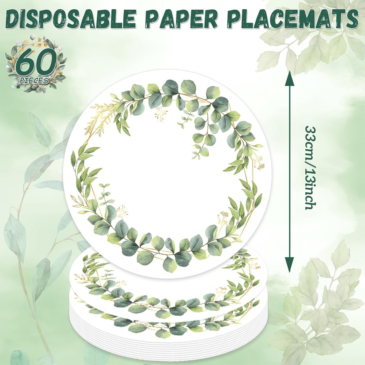 60Pcs Disposable Eucalyptus Leaves Place Mats Spring Summer Greenery Round Paper Table Mats Sage Green Eucalyptus Leaves Party Dining Table Decorations for Home Kitchen Baby Shower Wedding