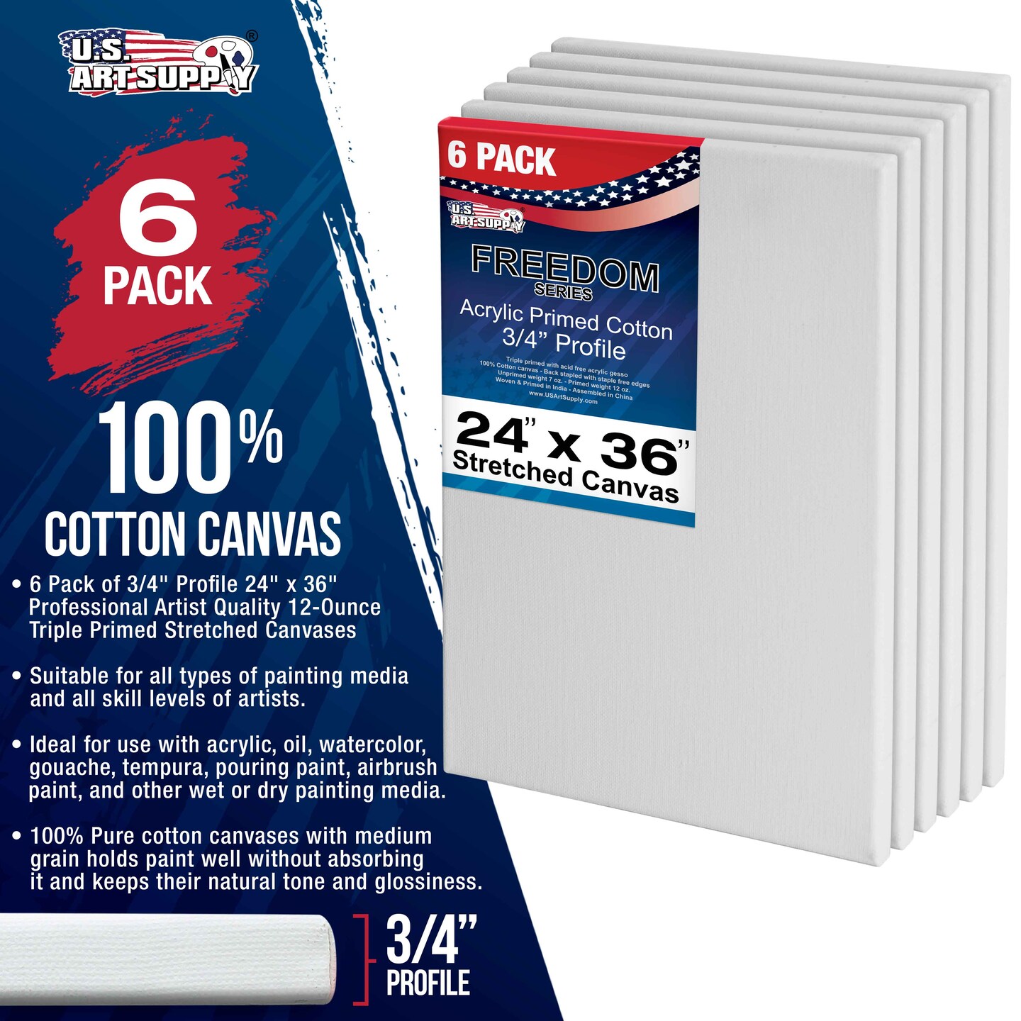 24 x 36 inch Stretched Canvas 12-Ounce Triple Primed, 6-Pack - Professional Artist Quality White Blank 3/4&#x22; Profile, 100% Cotton, Heavy-Weight Gesso