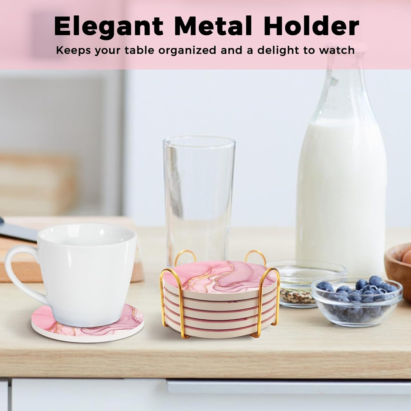 Set of 6 Pink Coasters for Drinks with Gold Holder