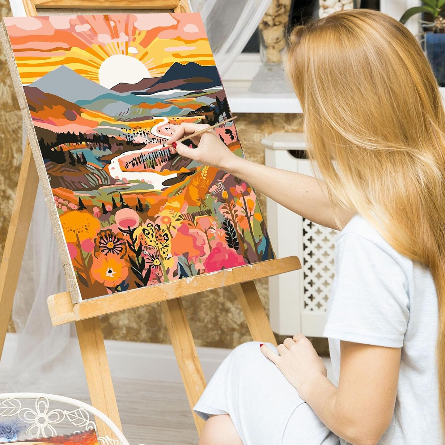 Paint by Numbers Kit for Adults Beginners &#x26; Kids Ages 8-12,1 Pack 16x20 inches Canva for Painting Kits for Adults in Colorful Box(Without Frame)- Sunrise Mountains and Rivers