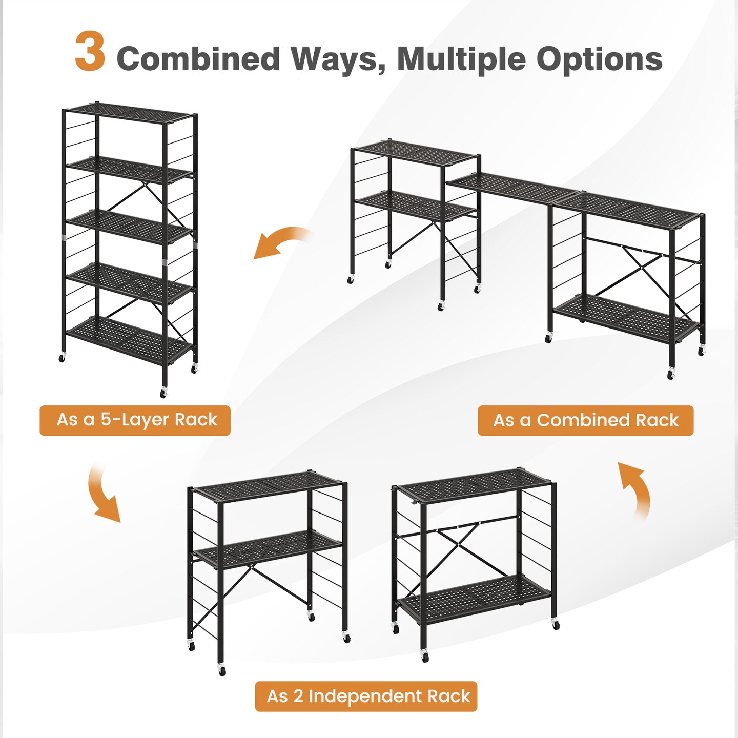 Black Metal Folding Storage Rack, Adjustable 5-Tier Shelf with Wheels