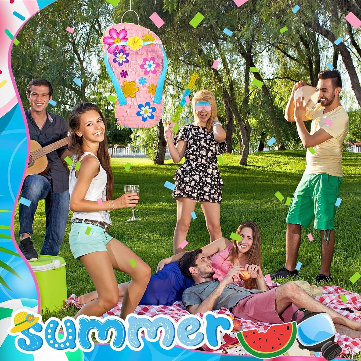 Flip Flop Piñata Hawaiian Luau Party Decorations Piñata Iconic Summer Sandal Piñata with Blindfold Bat and Confetti