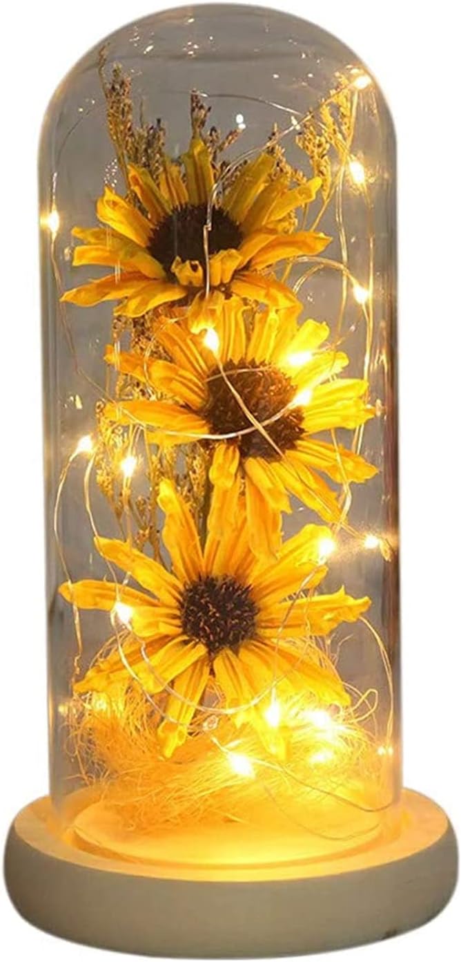 Sunflower in Glass Dome Express Your Love with Enchanted Sunflower Lamp for her on Christmas Day,Mother's Day,Valentine's Day, Anniversary-Yellow